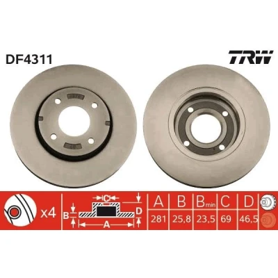 Bilde av TRW DF4311 Bremseskiver 281 25,8 4 114,3 ventilert spraylakkert MITSUBISHI: COLT 6, SMART: Forfour I