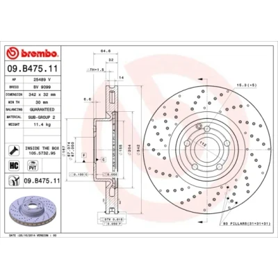 Bilde av BREMBO COATED DISC LINE 09.B475.11 Bremseskiver 342 32 5 perforert / ventilert belagt høy karbon med skruer MERCEDES BENZ: SL Cabrio