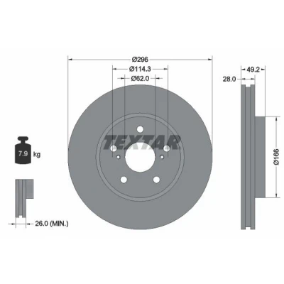 Bilde av TEXTAR 92135800 Bremseskiver 296 28 05/07 114,3 innvendig ventilert uten hjulfestebolt, hjulnav TOYOTA: Previa / Estima II, Camry V Sedan