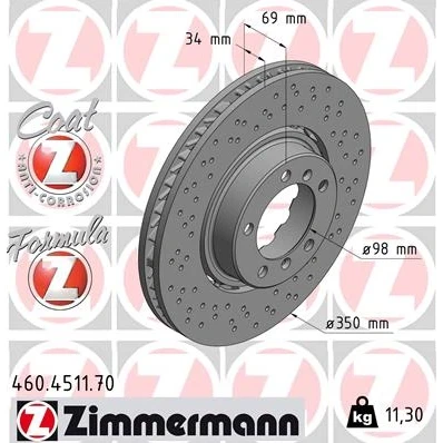 Bilde av ZIMMERMANN 460.4511.70 Bremseskiver 350 34 7/5 5 130 ventilert, hullet, todelt bremseskive belagt PORSCHE: 911 Coupé
