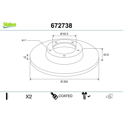 Bilde av VALEO Bremseskive KIA: RIO 3, Stonic Hatchback, HYUNDAI: i20 II Hatchback bakaksel 262mm 10mm 4 hull fullt ut belagt 672738 584110U300,58411C8000