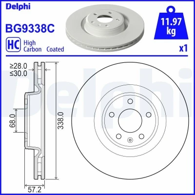 Bilde av DELPHI BG9338C Bremseskiver 338 30 5 ventilert belagt høy karbon uten hjullager, ABS sensorring AUDI: A4 B9 Allroad, A5 Sportback, Avant