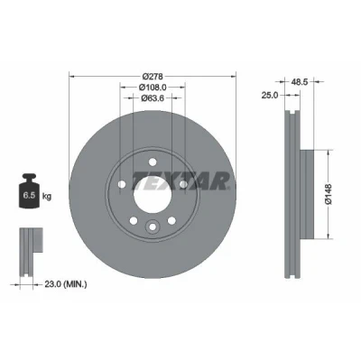 Bilde av TEXTAR PRO 92292303 Bremseskiver 278 25 05/06 108 innvendig ventilert belagt uten hjulfestebolt, hjulnav VOLVO: V40 Hatchback