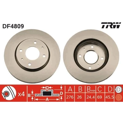 Bilde av TRW DF4809 Bremseskiver 276 26 4 114,3 ventilert spraylakkert MITSUBISHI: Lancer 7 Limousine, Galant 6,