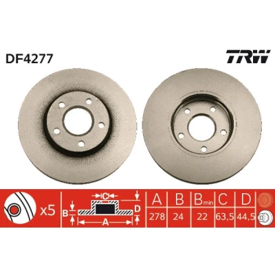 Bilde av TRW DF4277 Bremseskiver 278 24 5 108 ventilert spraylakkert høy karbon FORD: Transit Connect Mk1 Van, Tourneo