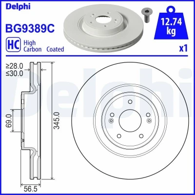 Bilde av DELPHI BG9389C Bremseskiver 345 30 5 ventilert belagt høy karbon uten hjullager, ABS sensorring