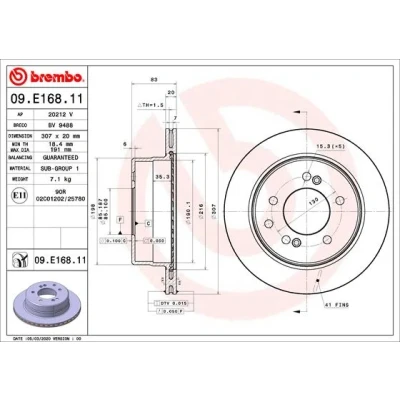 Bilde av BREMBO 09.E168.11 Bremseskiver 307 20 5 innvendig ventilert belagt SSANGYONG: Rodius I
