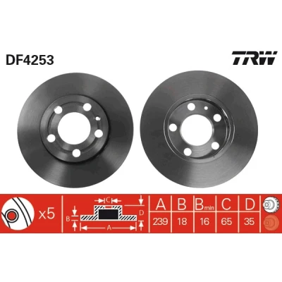 Bilde av TRW DF4253 Bremseskiver 239 18 5 107,5 ventilert spraylakkert VOLKSWAGEN: Polo IV Hatchback, SKODA: Fabia 2, I 1 Combi