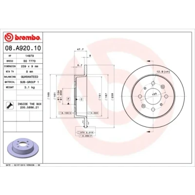 Bilde av BREMBO 08.A920.10 Bremseskiver 239 9 4 fullt ut med skruer HONDA: Jazz 2, CIVIC 6 Coupe, 3