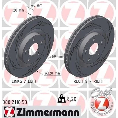 Bilde av ZIMMERMANN Bremseskive MITSUBISHI: OUTLANDER 3 28mm 7/5 5 hull 114mm innvendig ventilert, med sliss belagt 380.2118.53 4615A230 Bremseskiver