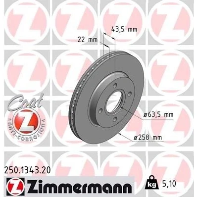 Bilde av ZIMMERMANN COAT Z 250.1343.20 Bremseskiver 258 22 4/4 4 108 innvendig ventilert belagt FORD: FIESTA 5, Focus Mk1 Hatchback, Stasjonsvogn