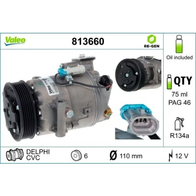Bilde av VALEO REMANUFACTURED 813660 Kompressor CVC 12 PAG 46 R 134a med kompressorlje