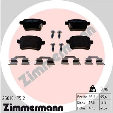 Bilde av ZIMMERMANN 25818.175.2 Bremseklosser med akustisk slitasjevarsel skruer Bildet viser leveranseinnholdet, glideplate