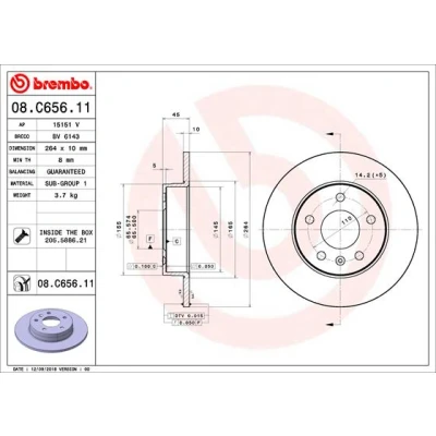 Bilde av BREMBO 08.C656.11 Bremseskiver 264 10 5 fullt ut belagt med skruer OPEL: Zafira B