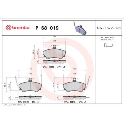 Bilde av BREMBO P 68 019 Bremseklosser inkl. slitasjevarselkontakt med bremsecaliperskruer uten tilbehør RENAULT: ESPACE 2