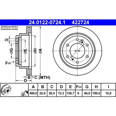 Bilde av ATE 24.0122 0724.1 Bremseskiver 300,0 22,0 6 139,7 ventilert belagt MITSUBISHI: PAJERO 4, 3