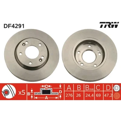 Bilde av TRW DF4291 Bremseskiver 276 26 5 114,3 ventilert spraylakkert HYUNDAI: Santa Fe I