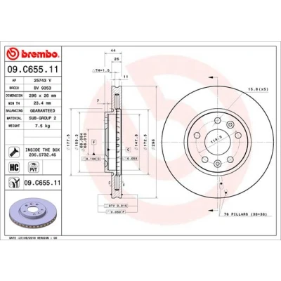 Bilde av BREMBO 09.C655.11 Bremseskiver 296 26 5 innvendig ventilert belagt høy karbon med skruer RENAULT: Talisman Grandtour, Sedan, Megane 4