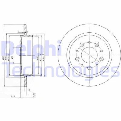Bilde av DELPHI BG2718 Bremseskiver 265 10 5 fullt ut oljet ubehandlet uten hjullager, ABS sensorring VOLVO: 940 II Stasjonsvogn, 740 Sedan, Sedan