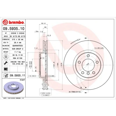 Bilde av BREMBO COATED DISC LINE 09.5935.11 Bremseskiver 315 28 5 innvendig ventilert belagt med skruer BMW: 3 Coupé, Sedan, Cabrio