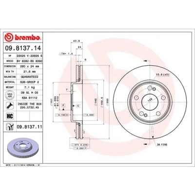 Bilde av BREMBO 09.8137.11 Bremseskiver 280 24 5 innvendig ventilert belagt høy karbon med skruer RENAULT: MEGANE 2 Kombi, Scénic 1, Coupe Cabriolet