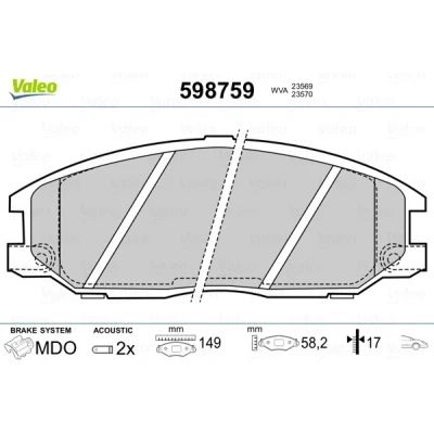 Bilde av VALEO 598759 Bremseklosser framaksel inkl. slitasjevarselkontakt uten antiskrike blikk HYUNDAI: SANTA FE 2, H 1 Cargo, Travel