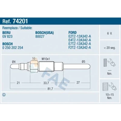 Bilde av FAE 74201 Glødeplugg 6V M 10x1