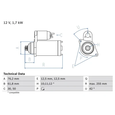 Bilde av BOSCH 0 986 020 260 Starter 12 1,7 10, 12, 11 VOLKSWAGEN: Multivan 5 (7HM, Transporter 5, Touran I, SKODA: Octavia 2 Combi, AUDI: A3 Sportback