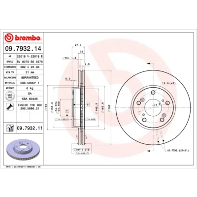 Bilde av BREMBO COATED DISC LINE 09.7932.11 Bremseskiver 282 23 5 innvendig ventilert belagt med skruer HONDA: Accord 7 Limousine, Tourer, HR V II