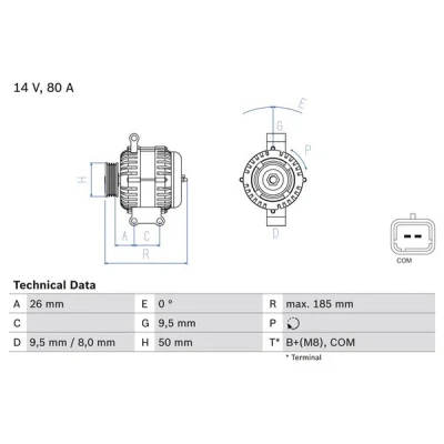 Bilde av BOSCH 0 986 082 880 Dynamo 14V 80A PEUGEOT: 208 I Hatchback, Partner II Van, 207 CITROËN: Berlingo II, C3 Picasso