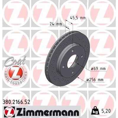 Bilde av ZIMMERMANN SPORT COAT Z 380.2166.52 Bremseskiver 256 24 4/4 4 114 utvendig ventilert, hullet belagt høy karbon MITSUBISHI: COLT 6, SMART: Forfour I