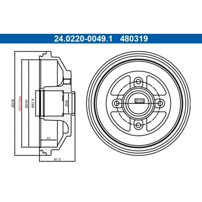 Bilde av ATE 24.0220 0049.1 Bremsetrommel uten hjullager, ABS sensorring 238,0mm SUZUKI: SWIFT 3, OPEL: Agila B