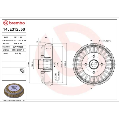Bilde av BREMBO 14.E312.50 Bremsetrommel med hjullagersett 228,6 PEUGEOT: 208 I Hatchback, 207 CITROËN: DS3 C3 II