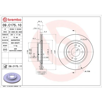 Bilde av BREMBO COATED DISC LINE 09.C175.11 Bremseskiver 257 17 4 innvendig ventilert belagt CITROËN: C Zero Hatchback, PEUGEOT: iOn MITSUBISHI: i