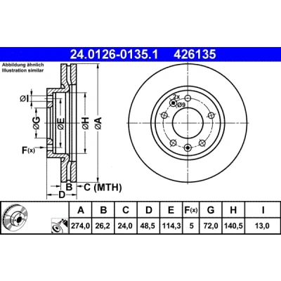 Bilde av ATE 24.0126 0135.1 Bremseskiver 274,0 26,2 5 114,3 ventilert belagt KIA: CARNIVAL 2