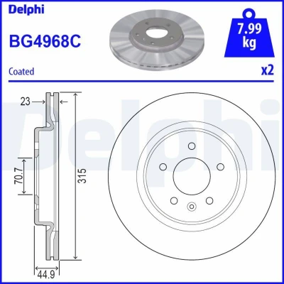 Bilde av DELPHI BG4968C Bremseskiver 315 23 5 ventilert belagt ubehandlet uten hjullager, ABS sensorring OPEL: Insignia B Sports Tourer