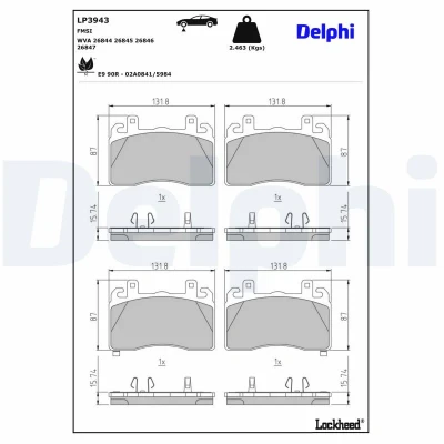 Bilde av DELPHI LP3943 Bremseklosser med akustisk slitasjevarsel ALFA ROMEO: Tonale (965) 1.3 Hybrid Q4, 1.5 Mild Hybrid, 1.6 VGT D 2022