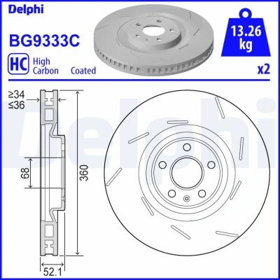 Bilde av DELPHI BG9333C Bremseskiver 360 36 5 ventilert belagt høy karbon uten hjullager, ABS sensorring PORSCHE: Macan