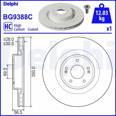 Bilde av DELPHI BG9388C Bremseskiver 350 30 5 ventilert belagt høy karbon uten hjullager, ABS sensorring