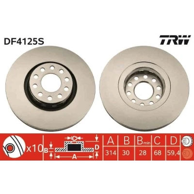 Bilde av TRW DF4125S Bremseskiver 314 30 10 112 ventilert spraylakkert AUDI: A6 C4 Avant, A8 D2, 100 Avant