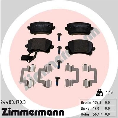 Bilde av ZIMMERMANN 24483.170.3 Bremseklosser inkl. slitasjevarselkontakt med skruer Bildet viser leveranseinnholdet, glideplate AUDI: Q3