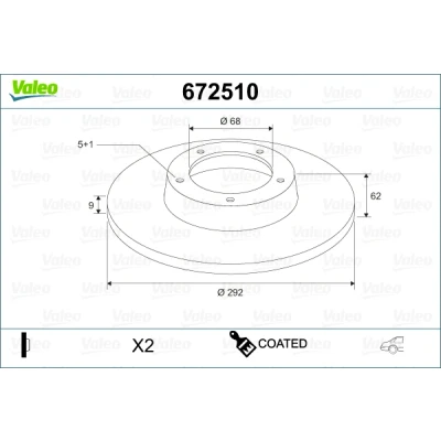 Bilde av VALEO 672510 Bremseskiver bakaksel 292 9 5 fullt ut belagt NISSAN: Qashqai / Qashqai+2 I, NV200 Evalia Minibuss, Juke, HYUNDAI: Ioniq