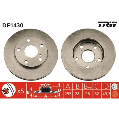 Bilde av TRW DF1430 Bremseskiver 255 28 5 114 ventilert spraylakkert TOYOTA: Camry IV Sedan, III Sedan