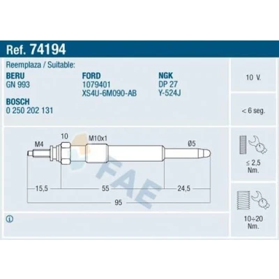 Bilde av FAE 74194 Glødeplugg 10V M 10x1 FORD: MONDEO 4 Turnier, S Max Mk1, Focus 2 Kombi