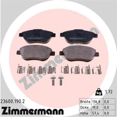 Bilde av ZIMMERMANN 23600.190.2 Bremseklosser med skruer Bildet viser leveranseinnholdet, fjær PEUGEOT: 207 Hatchback, 307 Stasjonsvogn, SW