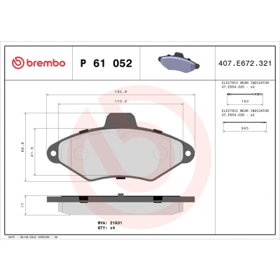 Bilde av BREMBO P 61 052 Bremseklosser inkl. slitasjevarselkontakt uten tilbehør