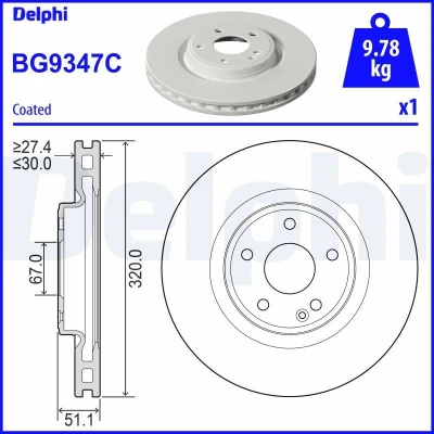 Bilde av DELPHI BG9347C Bremseskiver 320 30 5 ventilert belagt ubehandlet uten hjullager, ABS sensorring
