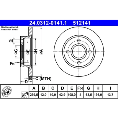 Bilde av ATE PowerDisc 24.0312 0141.1 Bremseskiver 239,5 12,0 4 108,0 fullt ut belagt
