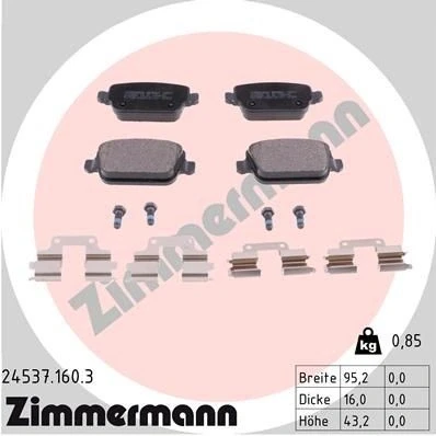 Bilde av ZIMMERMANN 24537.160.3 Bremseklosser med skruer Bildet viser leveranseinnholdet, glideplate VOLVO: XC70 II Stasjonsvogn, V70 3, S80