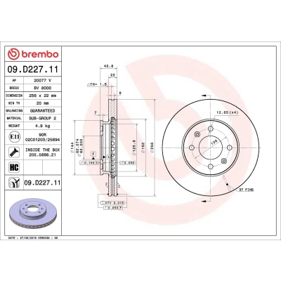 Bilde av BREMBO 09.D227.11 Bremseskiver 256 22 4 innvendig ventilert belagt høy karbon med skruer HYUNDAI: i20 II Hatchback, KIA: Rio
